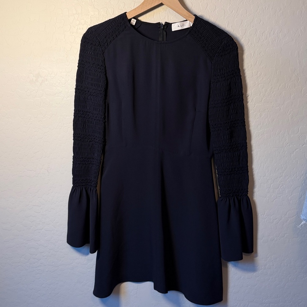 A.L.C. Midnight Alexa Bell Sleeve Smocked Mini Dress Size 4 - Picture 2 of 5